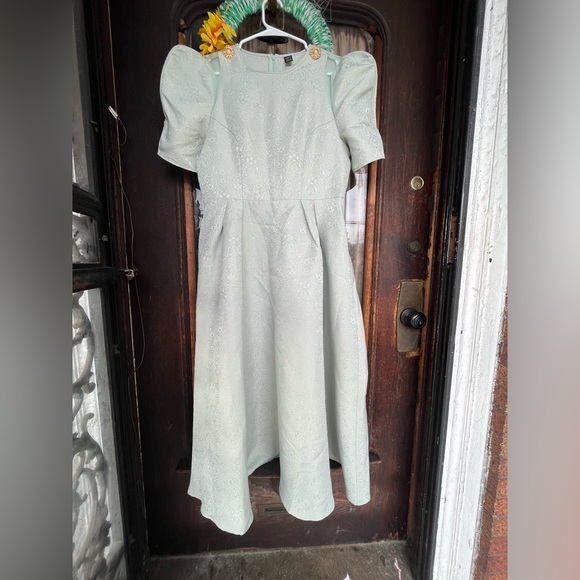 Green Shien Modely Puff Sleeves w Sheer Panel Gold Buttons Shoulder Modest Dress - Picture 1 of 7